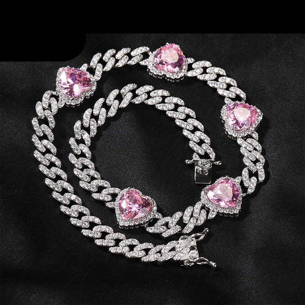 Heart Diamond Necklace Hip Hop 9MM Pink Zircon Cuban Chain - MERGE.DAY.1.FREESTYLE