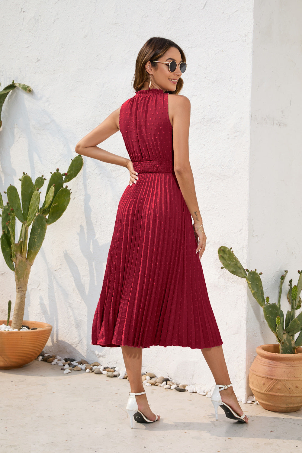 Tie High Waist Pleated Pom Dress Sleeveless Summer Dress - MERGE.DAY.1.FREESTYLE