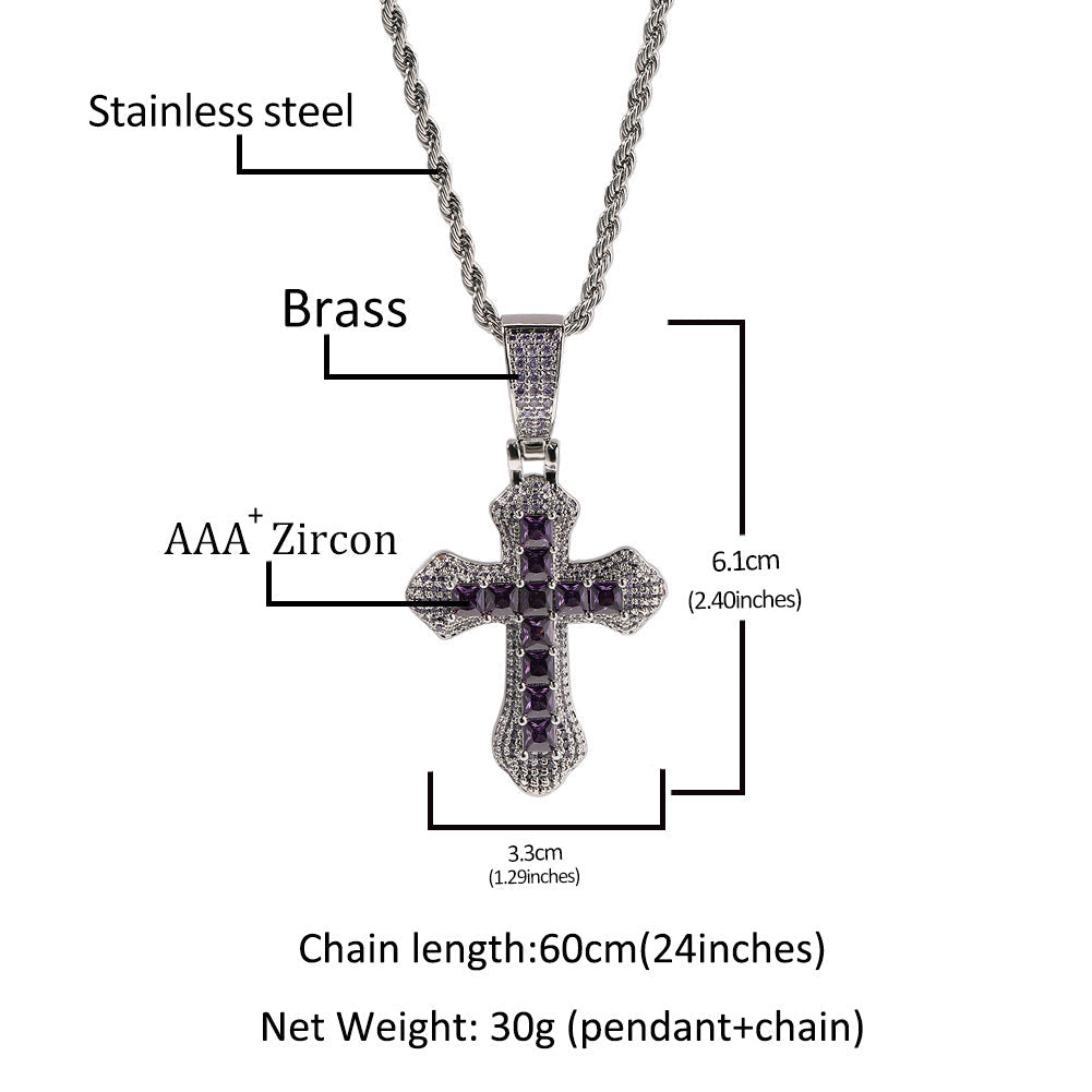Hip Hop Cross Shape Copper Set Purple Zircon Pendant Jewelry Necklace - MERGE.DAY.1.FREESTYLE