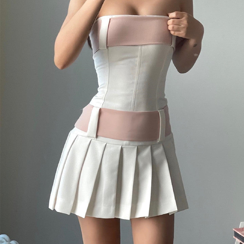 one-neck sweet strapless backless zipper contrasting color pleated dress - MERGE.DAY.1.FREESTYLE