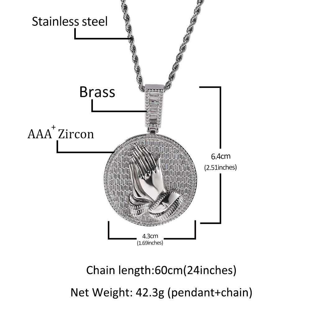 Hip-hop round disc zircon-encrusted praying hands pendant - MERGE.DAY.1.FREESTYLE