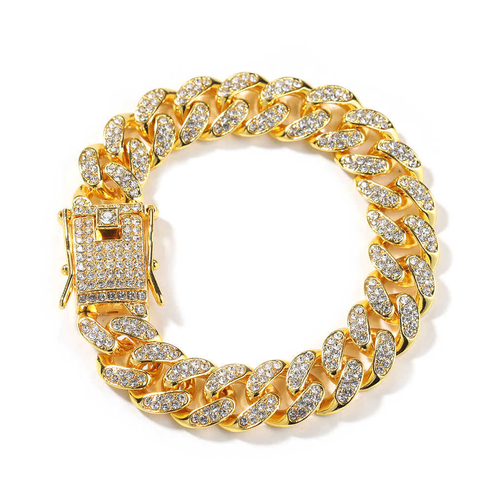 Hip-Hop 12mm Diamond-Encrusted Cuban Chain Bracelet - MERGE.DAY.1.FREESTYLE