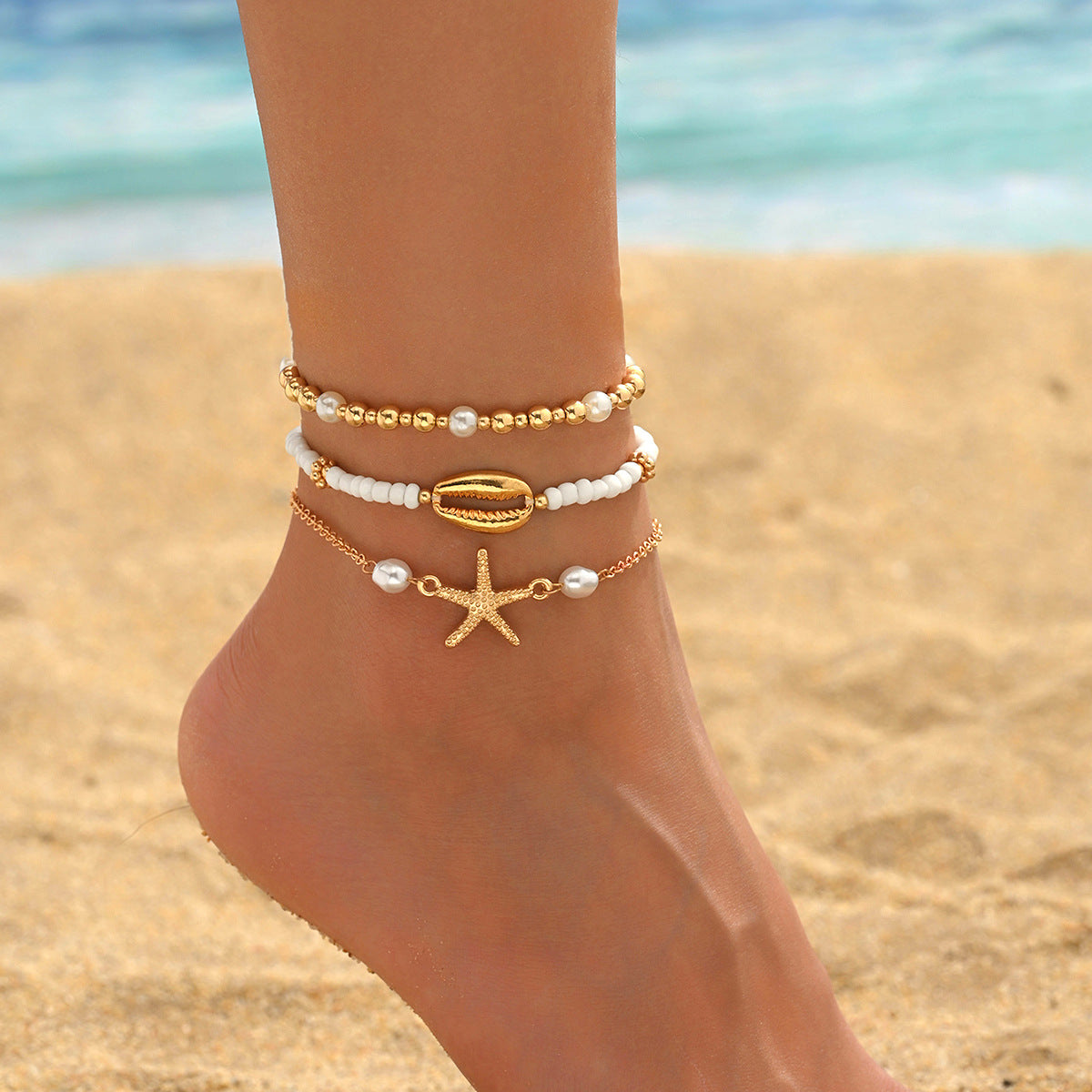 Starfish shell millet beaded anklet three-layer set - MERGE.DAY.1.FREESTYLE