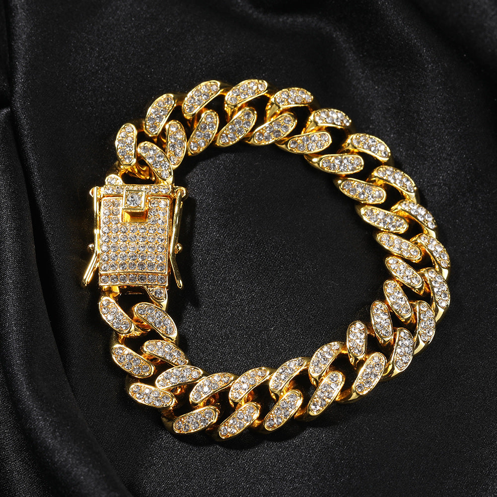 Hip-Hop 12mm Diamond-Encrusted Cuban Chain Bracelet - MERGE.DAY.1.FREESTYLE