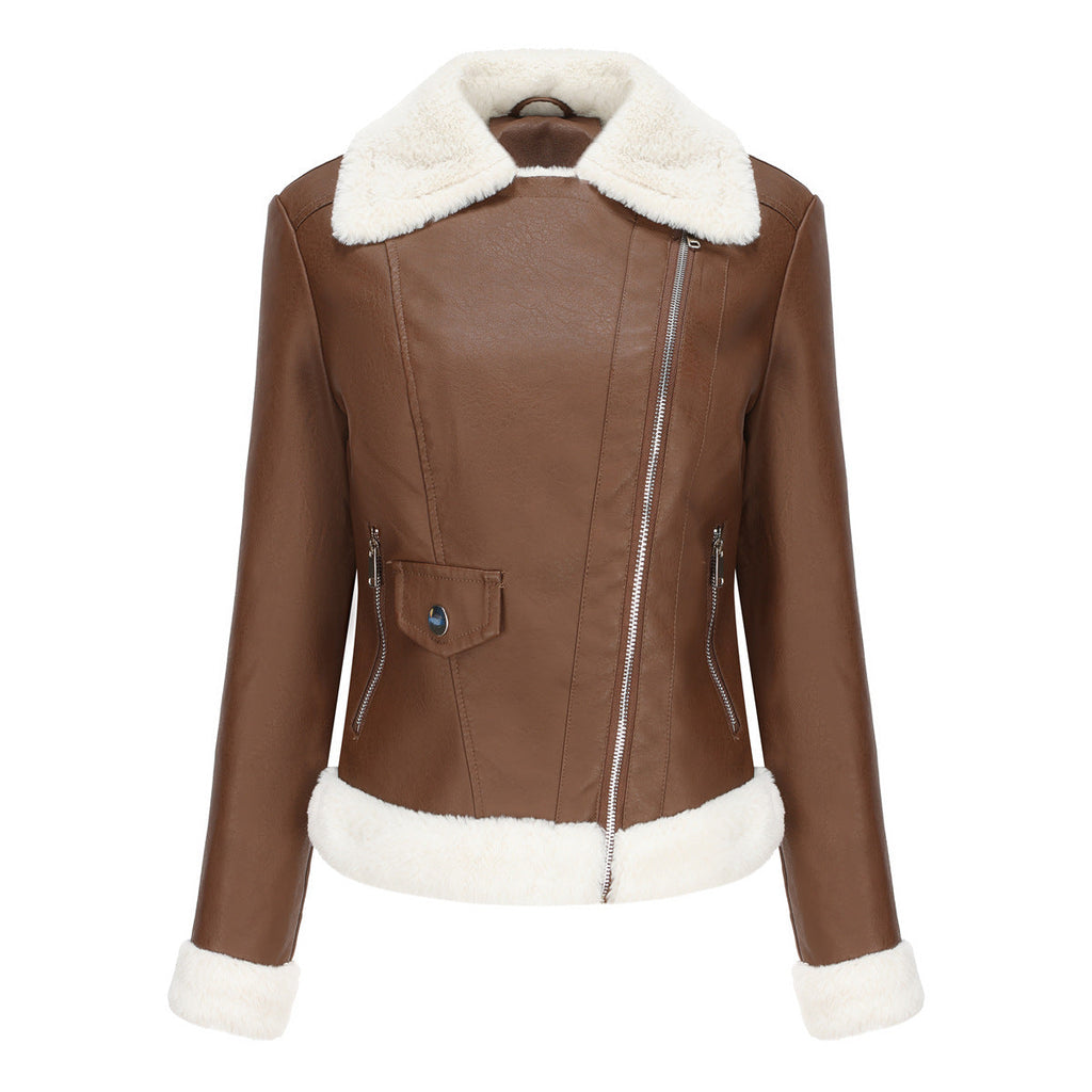 Autumn and winter fleece leather women's warm long-sleeved lapel coat jacket - MERGE.DAY.1.FREESTYLE