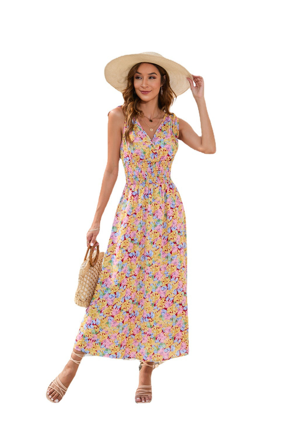 Spring and summer waist floral print waist dress V-neck strap dress - MERGE.DAY.1.FREESTYLE