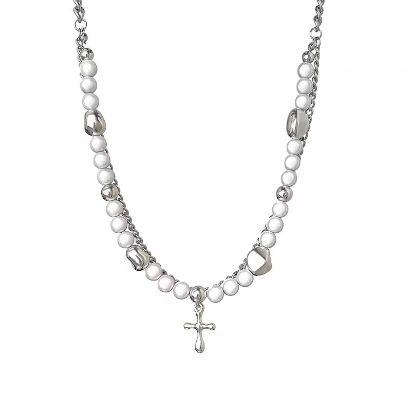 rosary necklace Reflective pearl cross necklace - MERGE.DAY.1.FREESTYLE