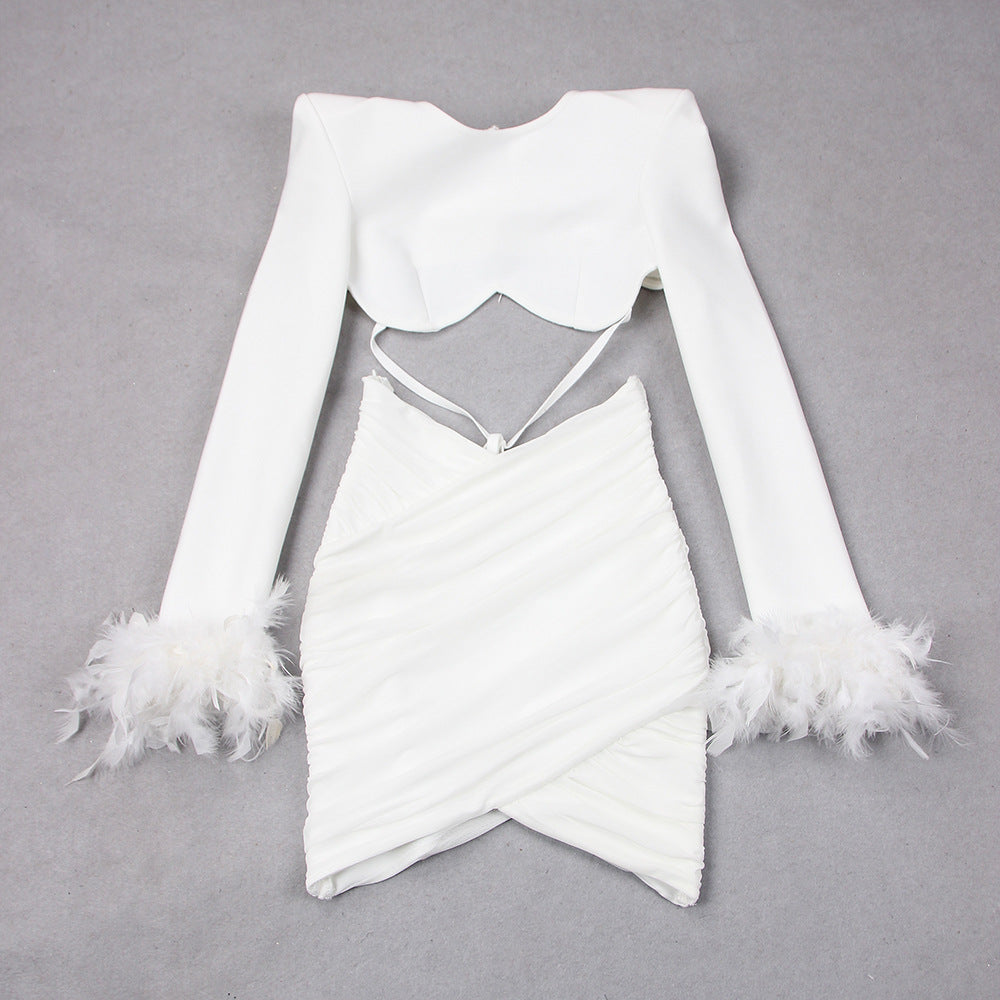 Commuting temperament feather long-sleeved dress French dress - MERGE.DAY.1.FREESTYLE