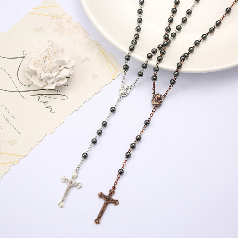 Black gallstone round bead rosary necklace - MERGE.DAY.1.FREESTYLE