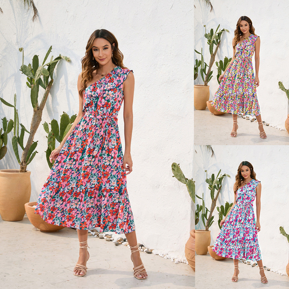 Slanted Shoulder Strap Floral Print Dress Casual Holiday Swing Dress - MERGE.DAY.1.FREESTYLE