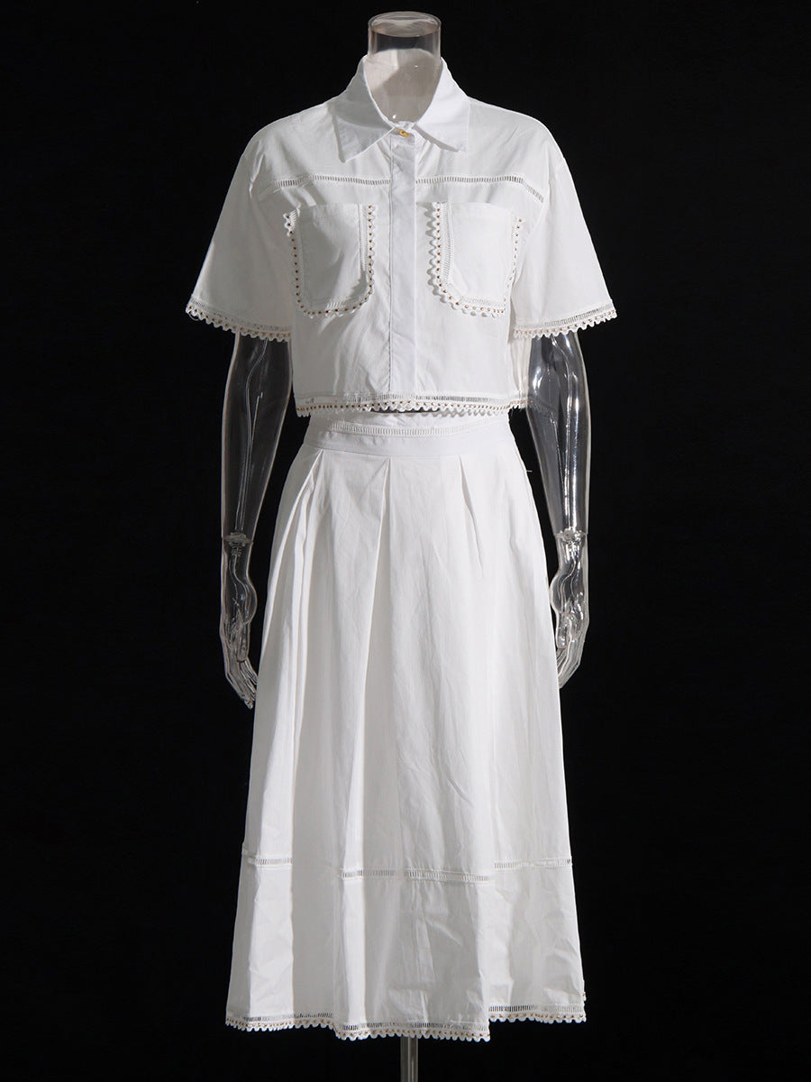 Lapel short-sleeved shirt + skirt lace embroidery two-piece suit for women - MERGE.DAY.1.FREESTYLE