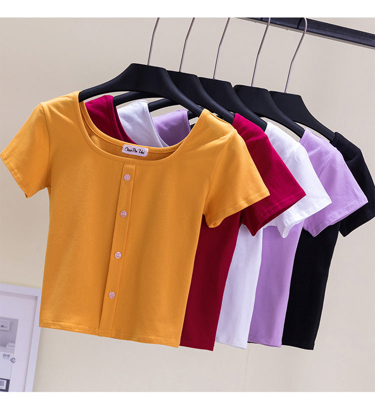 Collarbone Square Neck High Waist Navel T-Shirt Top - MERGE.DAY.1.FREESTYLE
