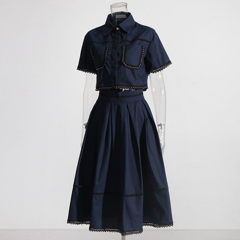 Lapel short-sleeved shirt + skirt lace embroidery two-piece suit for women - MERGE.DAY.1.FREESTYLE