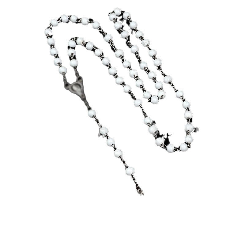 rosary necklace white wooden beads necklace - MERGE.DAY.1.FREESTYLE