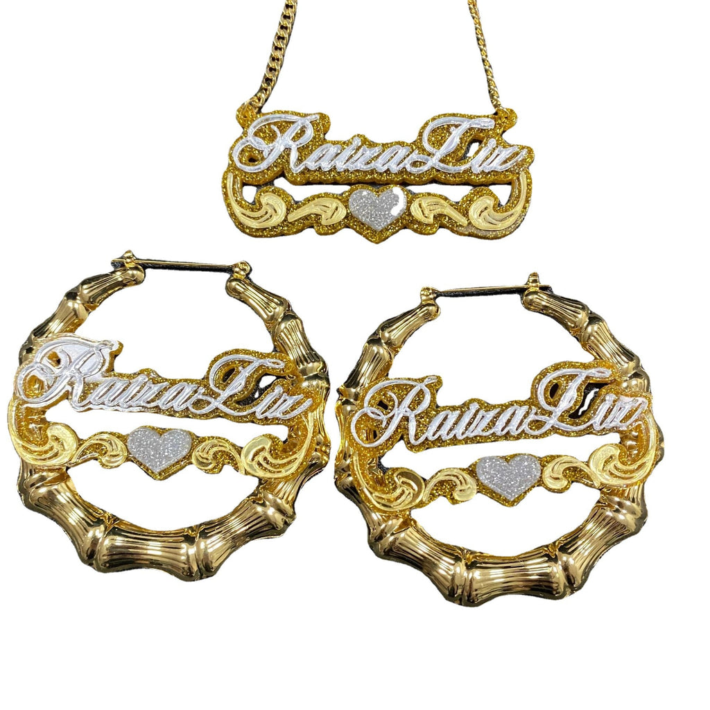 Custom creative name acrylic bamboo earrings necklace glitter set - MERGE.DAY.1.FREESTYLE