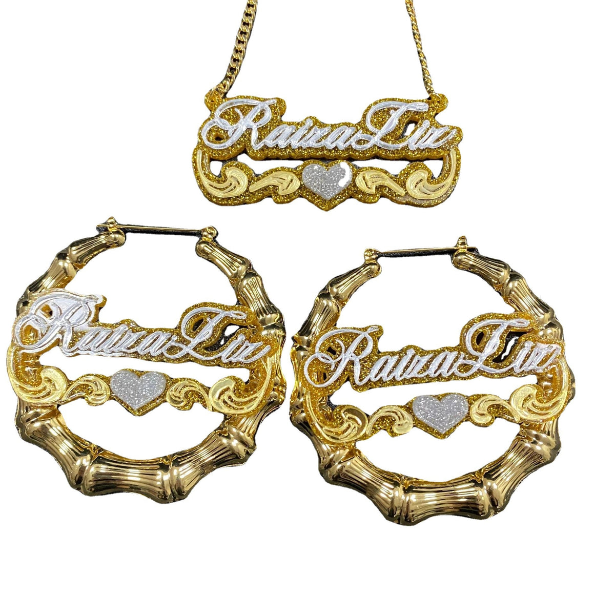 Custom creative name acrylic bamboo earrings necklace glitter set - MERGE.DAY.1.FREESTYLE