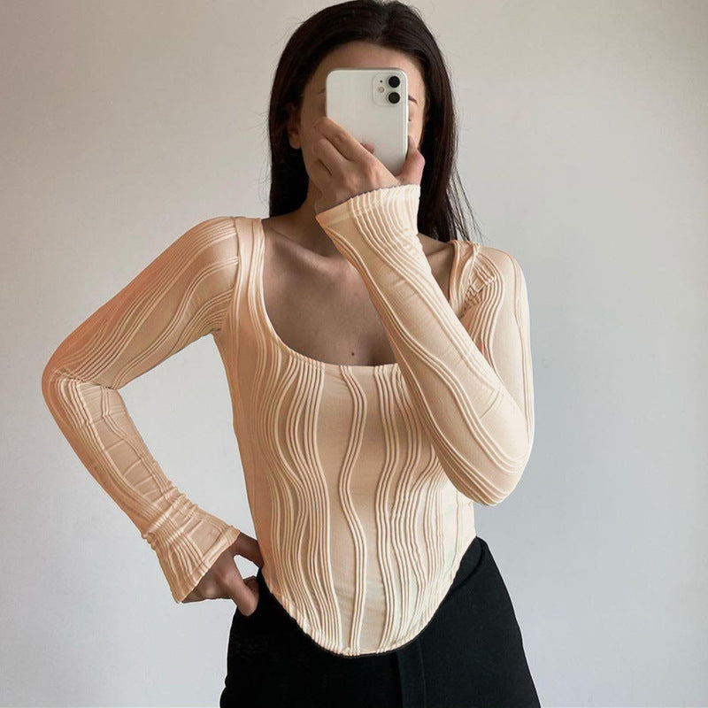 Autumn & Winter long-sleeved U-neck water ripple slim fit top T-shirt - MERGE.DAY.1.FREESTYLE