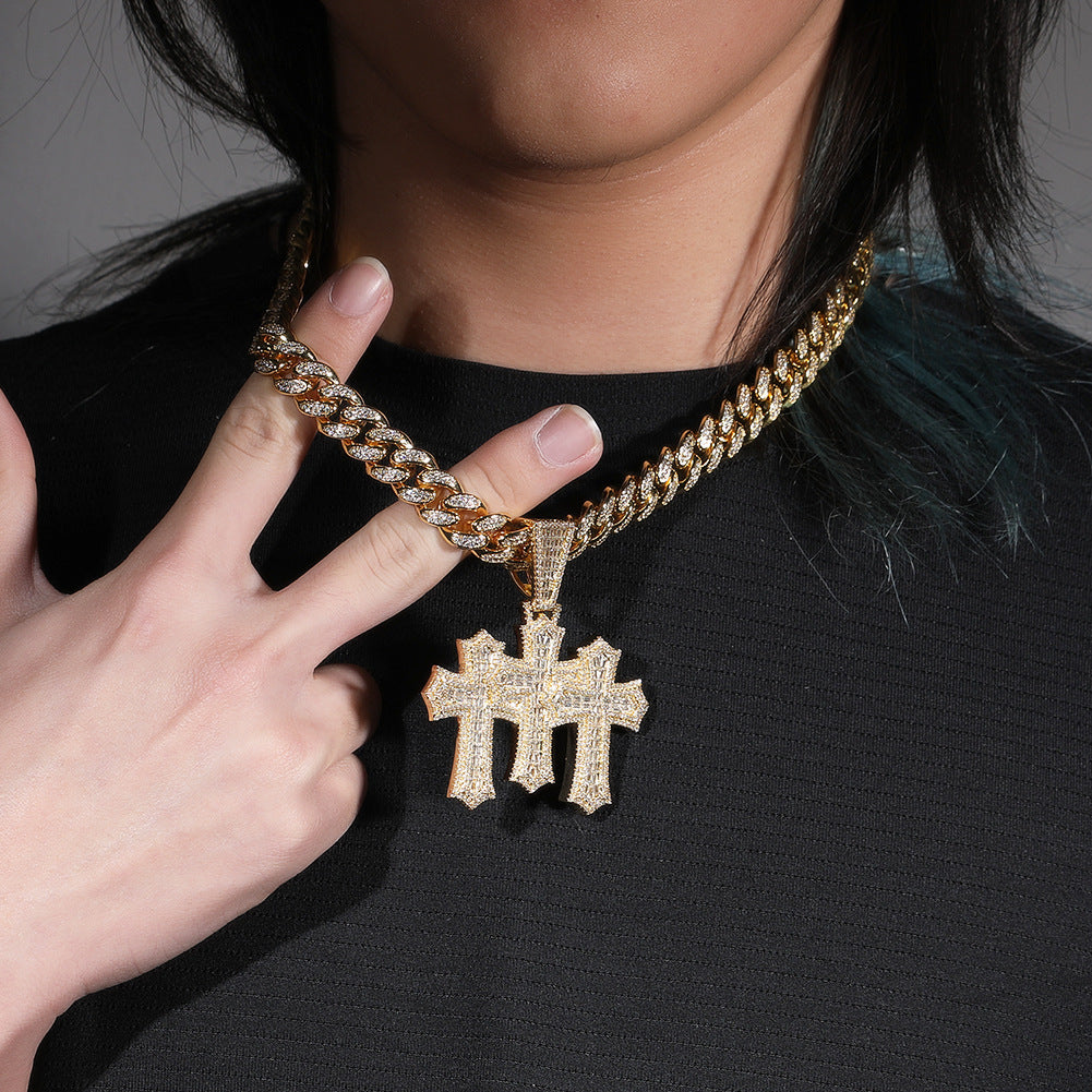 Hip-hop diamond-encrusted zircon three-cross Cuban necklace - MERGE.DAY.1.FREESTYLE