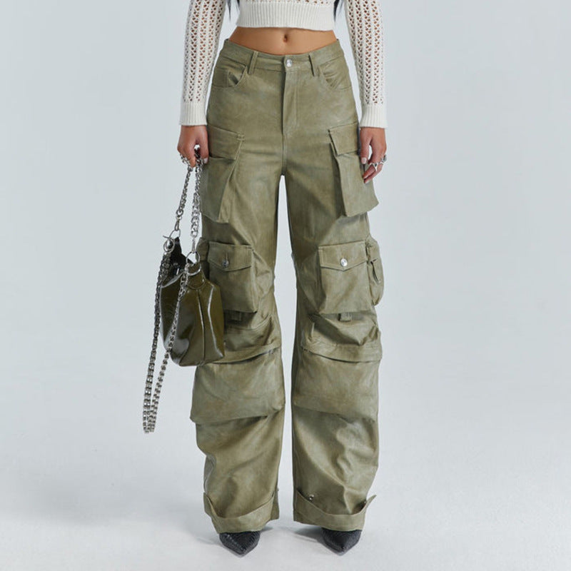 Multi-pocket overalls leather pants personality loose overalls - MERGE.DAY.1.FREESTYLE
