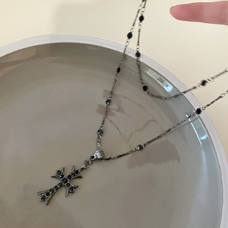 Dark zircon cross beaded necklace double layer neck chain - MERGE.DAY.1.FREESTYLE