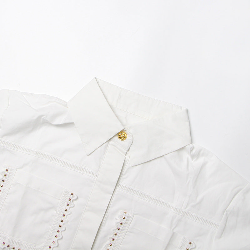 Lapel short-sleeved shirt + skirt lace embroidery two-piece suit for women - MERGE.DAY.1.FREESTYLE