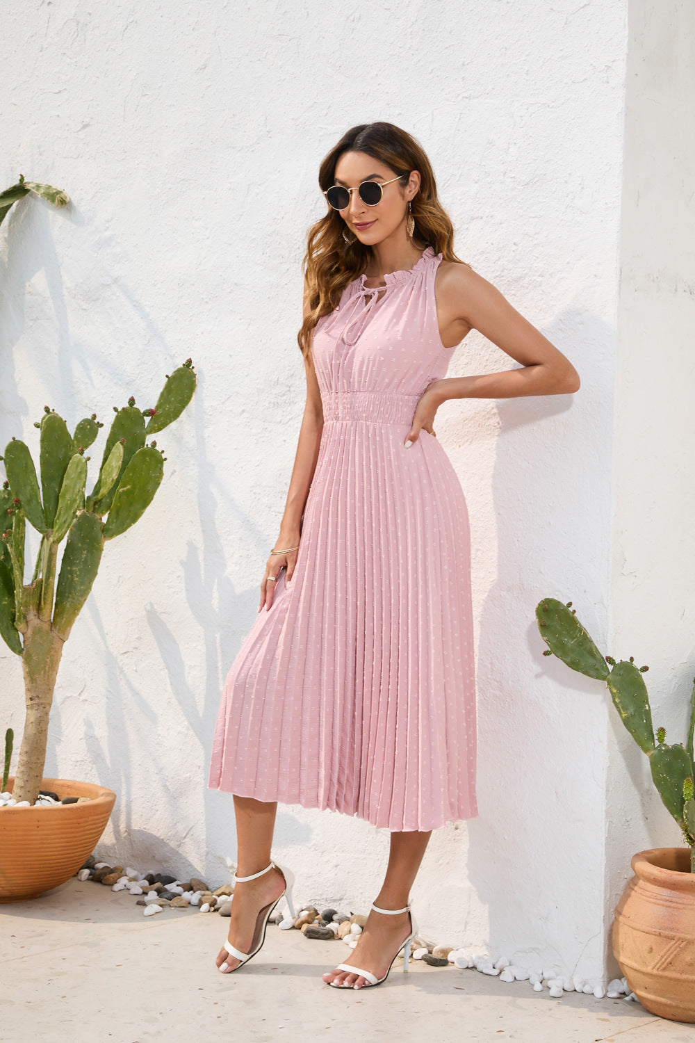 Tie High Waist Pleated Pom Dress Sleeveless Summer Dress - MERGE.DAY.1.FREESTYLE