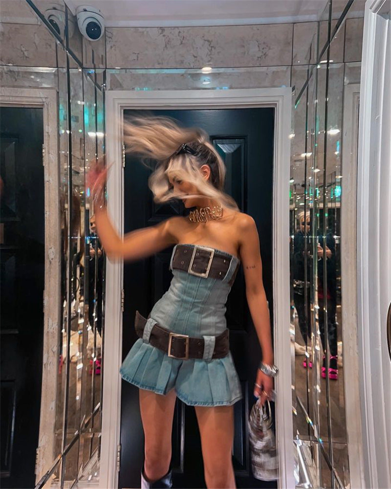 2023 summer detachable belt denim pleated bandeau denim dress - MERGE.DAY.1.FREESTYLE