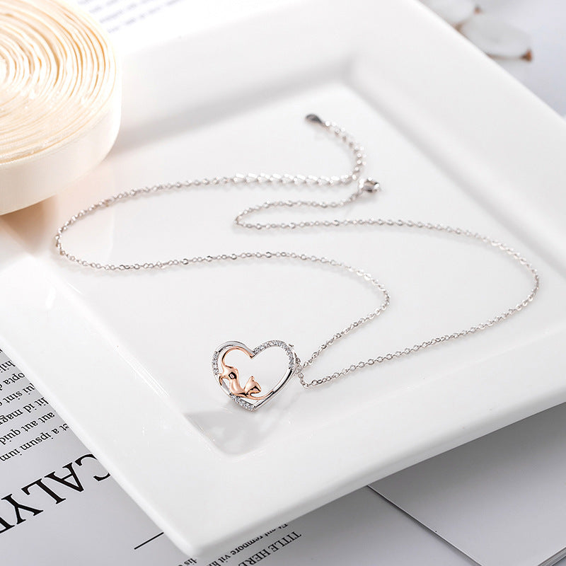 Sterling Silver Accessories Heart Shaped Cat Pendant Diamond Silver Necklace Women - MERGE.DAY.1.FREESTYLE