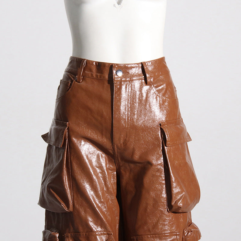 Multi-pocket overalls leather pants personality loose overalls - MERGE.DAY.1.FREESTYLE