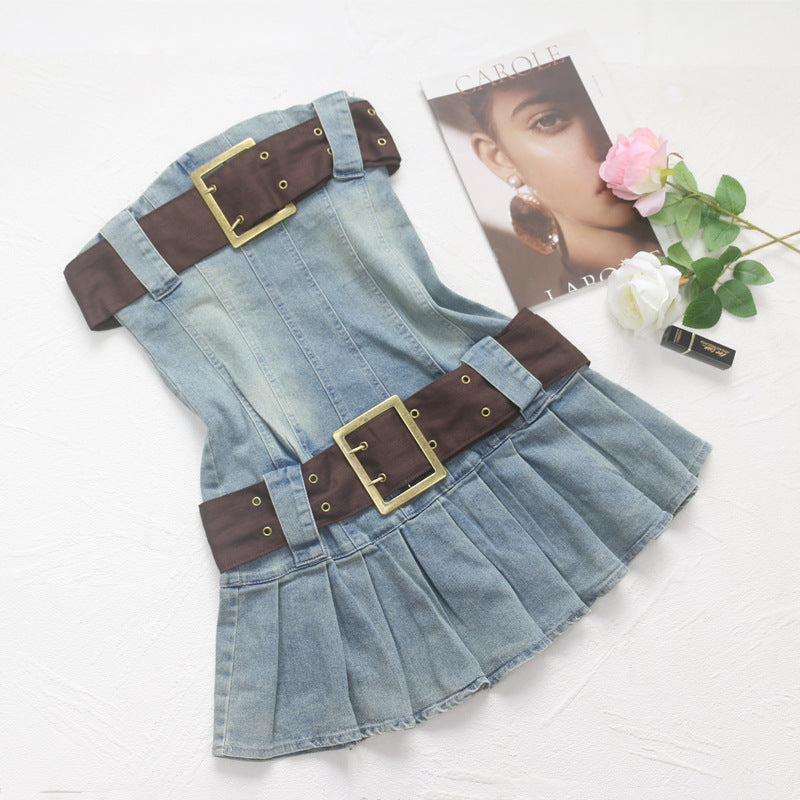 2023 summer detachable belt denim pleated bandeau denim dress - MERGE.DAY.1.FREESTYLE