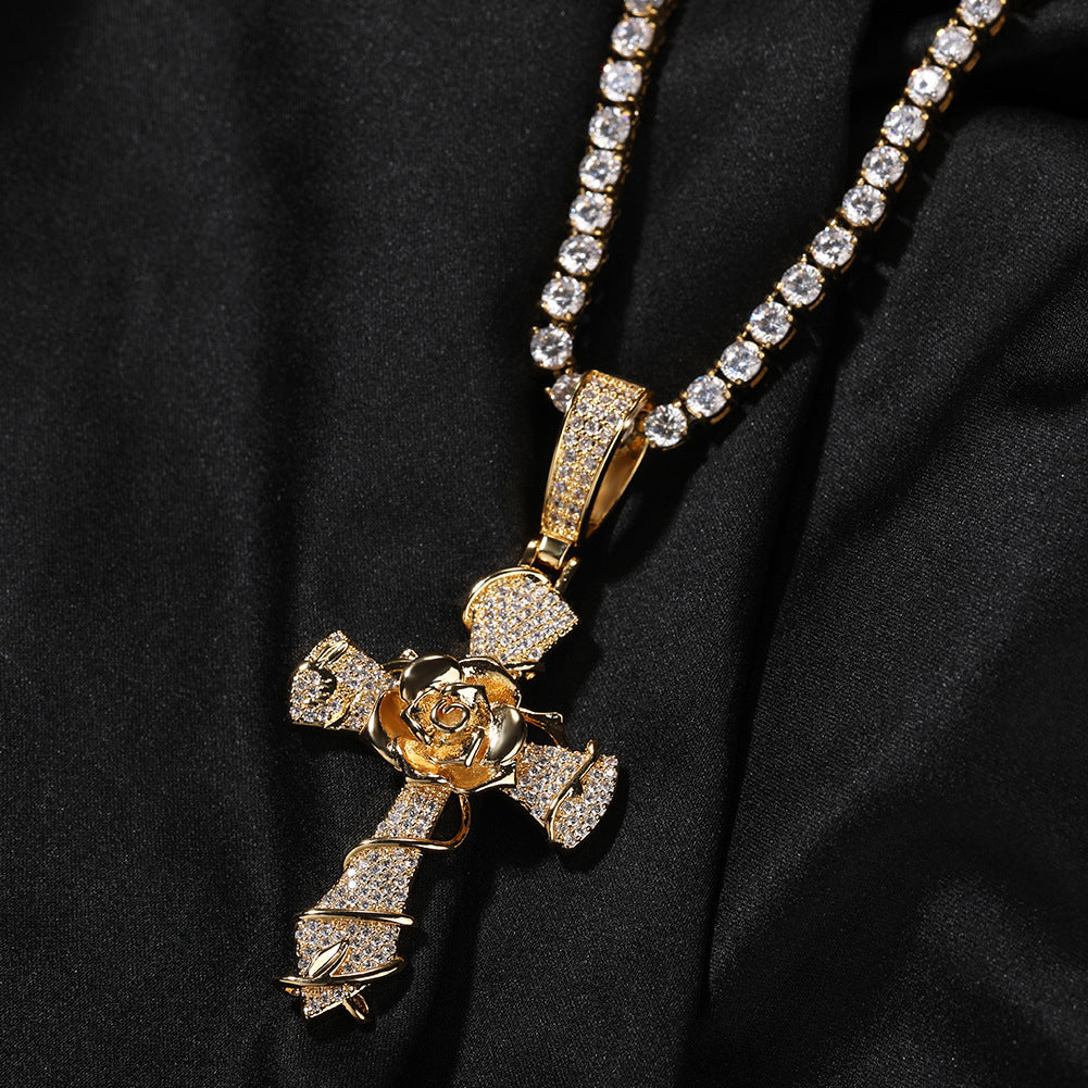 Copper set 5A zirconia rose cross pendant necklace - MERGE.DAY.1.FREESTYLE