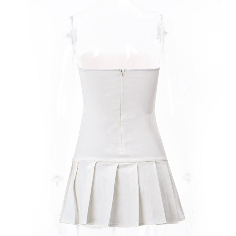 one-neck sweet strapless backless zipper contrasting color pleated dress - MERGE.DAY.1.FREESTYLE