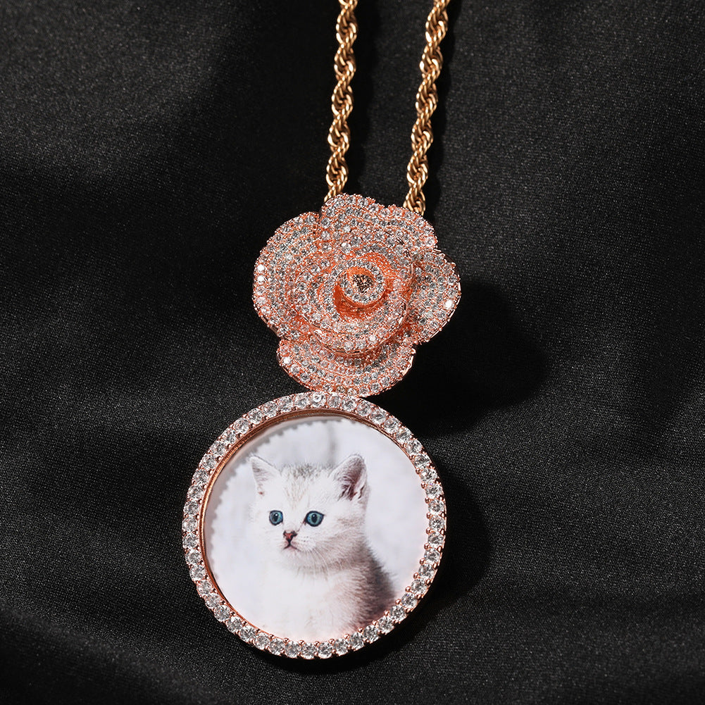 Copper Zircon Round DIY Photo Pendant Rose Button Diamond Necklace - MERGE.DAY.1.FREESTYLE
