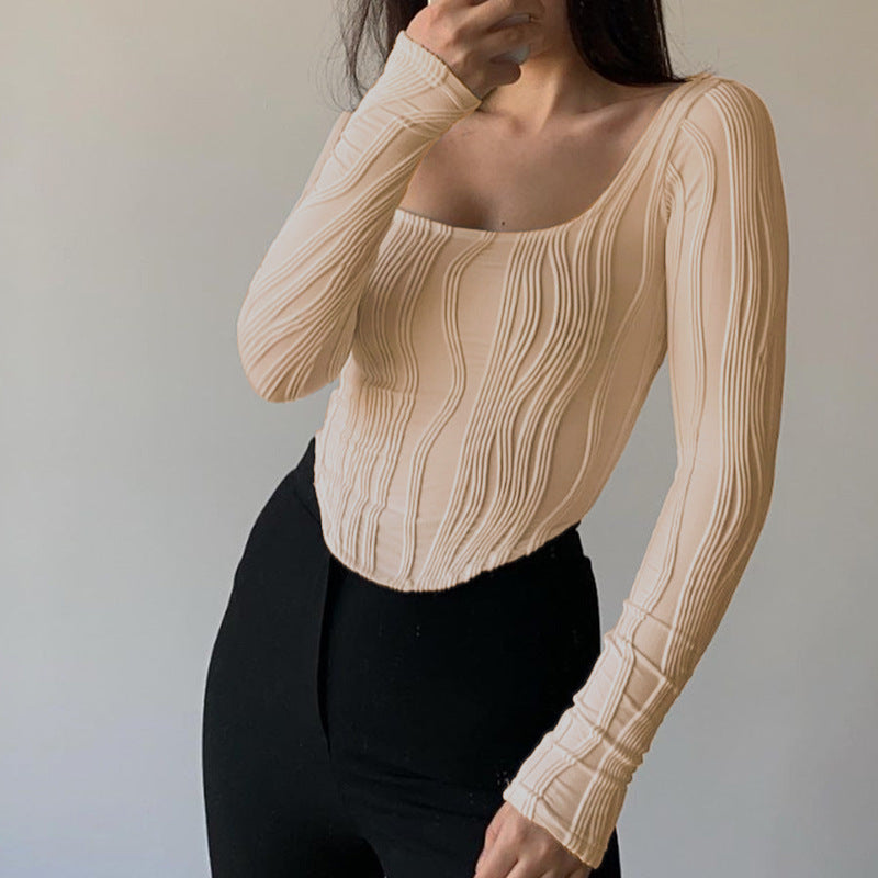 Autumn & Winter long-sleeved U-neck water ripple slim fit top T-shirt - MERGE.DAY.1.FREESTYLE