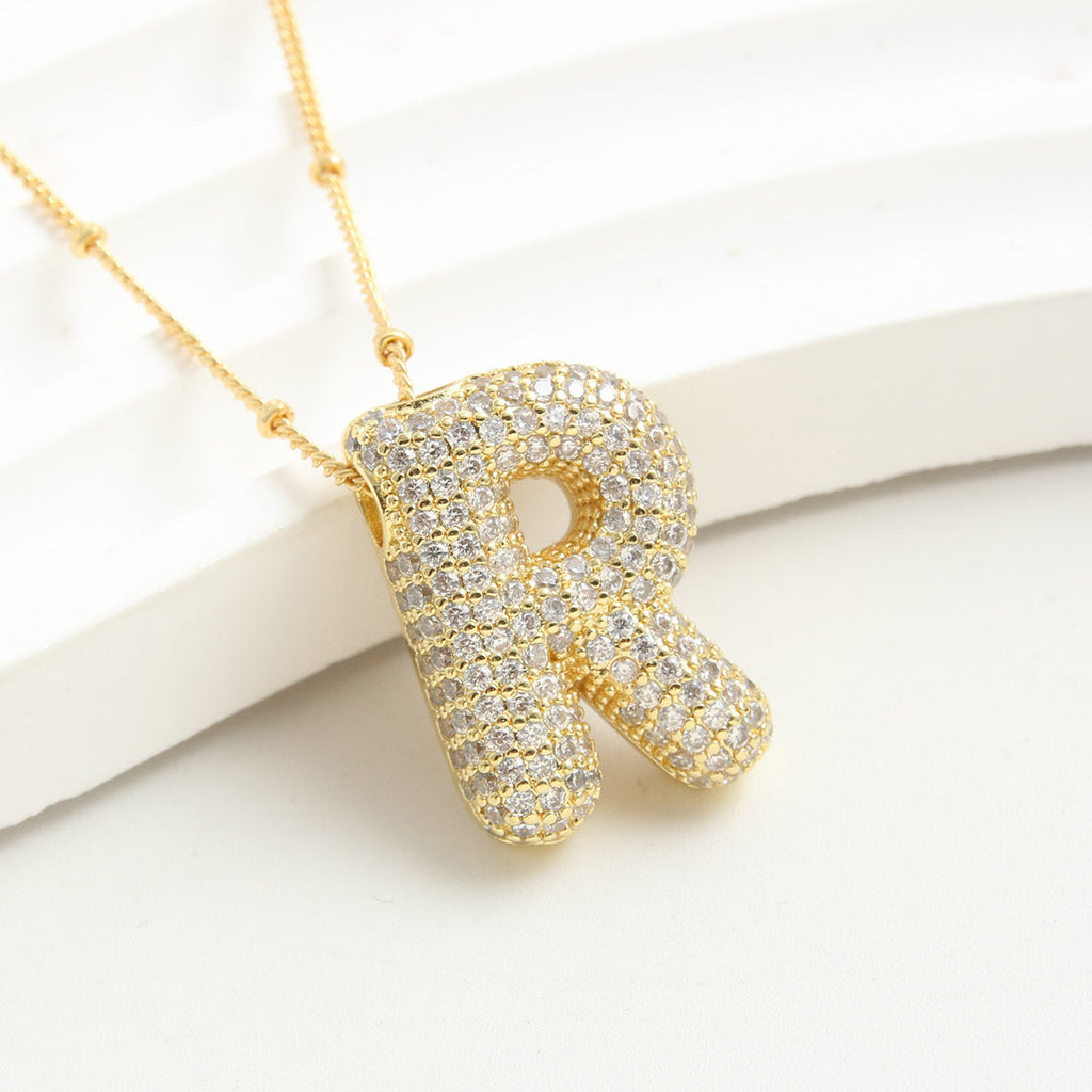 Bubble Initial Necklace 14k Gold Plated Cubic Zirconia - MERGE.DAY.1.FREESTYLE