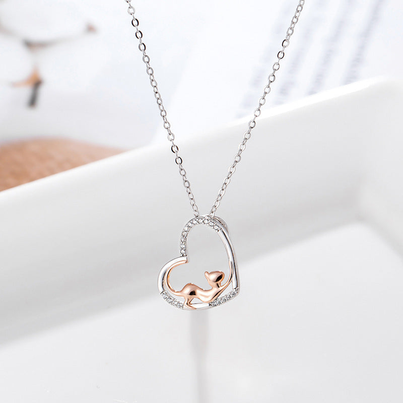 Sterling Silver Accessories Heart Shaped Cat Pendant Diamond Silver Necklace Women - MERGE.DAY.1.FREESTYLE