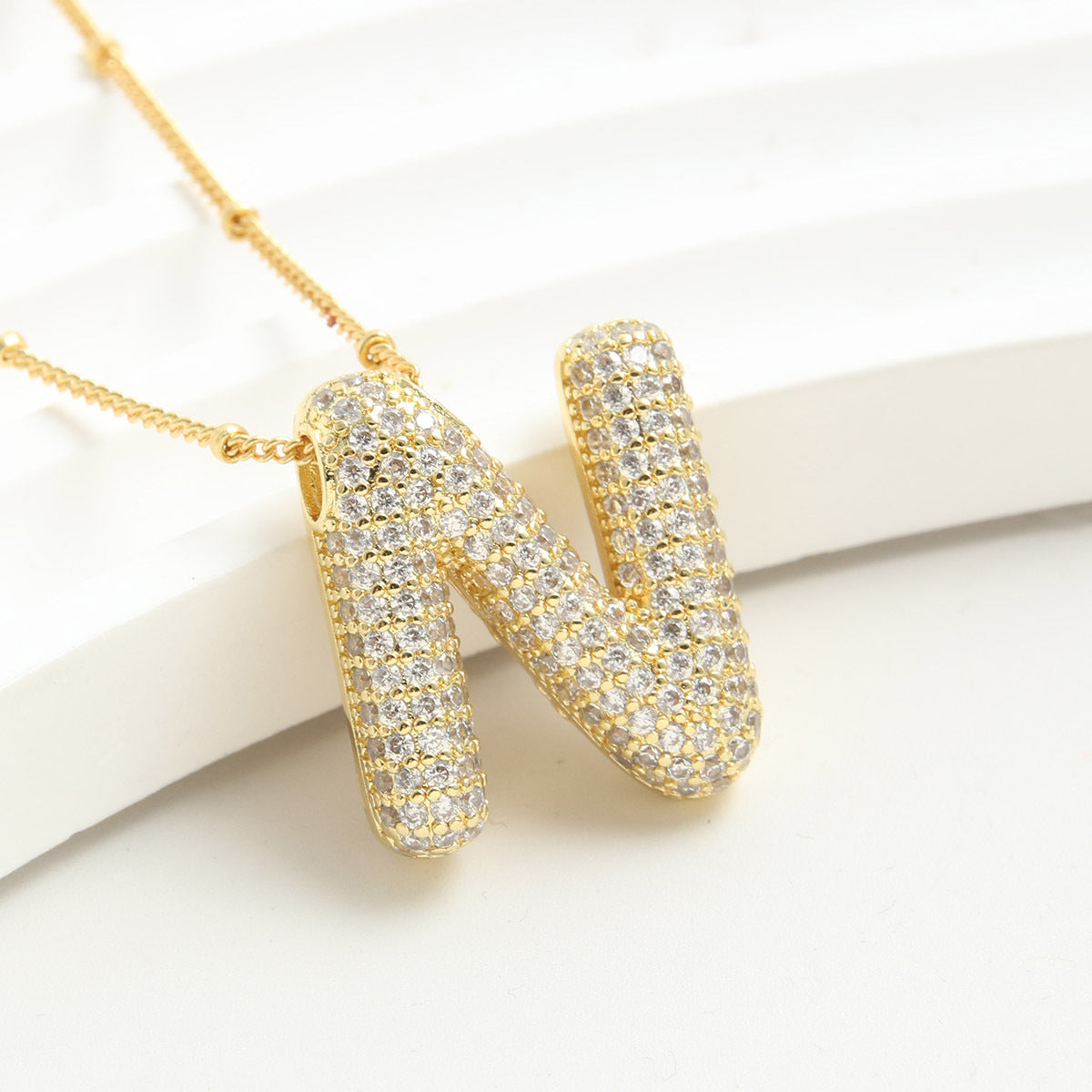 Bubble Initial Necklace 14k Gold Plated Cubic Zirconia - MERGE.DAY.1.FREESTYLE