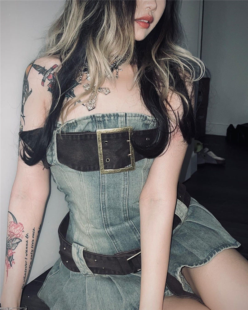 2023 summer detachable belt denim pleated bandeau denim dress - MERGE.DAY.1.FREESTYLE