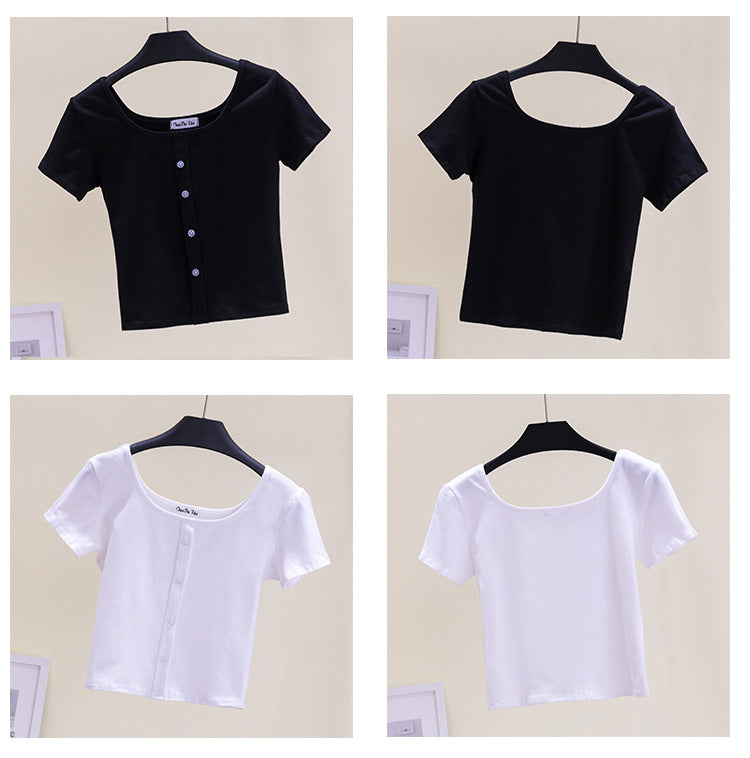 Collarbone Square Neck High Waist Navel T-Shirt Top - MERGE.DAY.1.FREESTYLE
