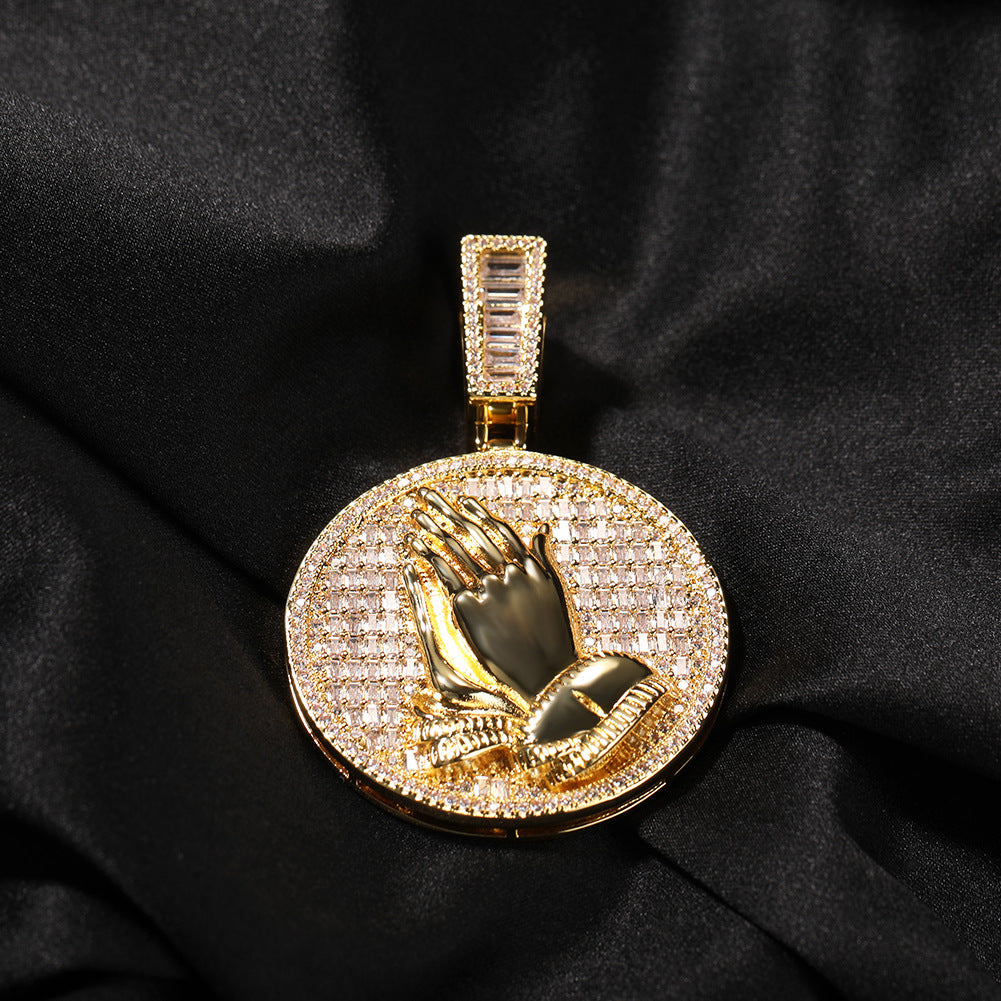 Hip-hop round disc zircon-encrusted praying hands pendant - MERGE.DAY.1.FREESTYLE