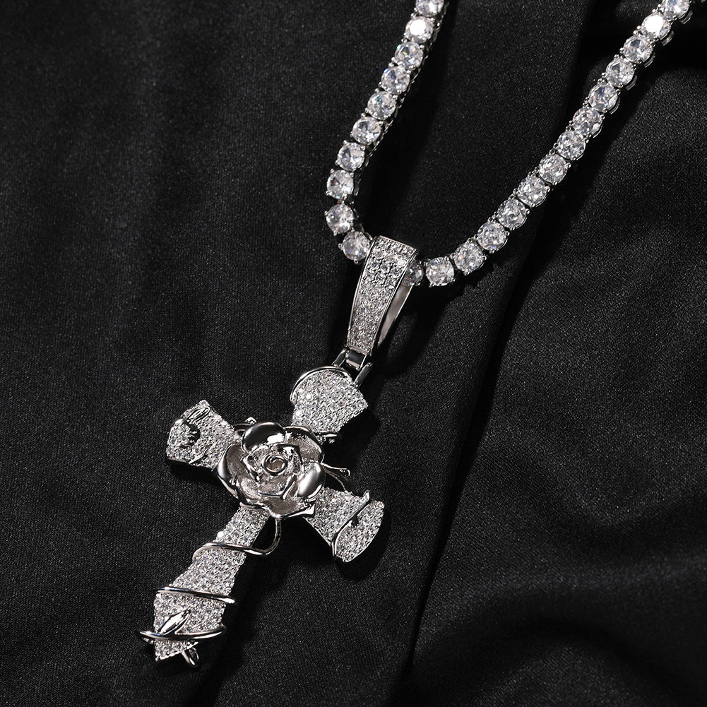 Copper set 5A zirconia rose cross pendant necklace - MERGE.DAY.1.FREESTYLE