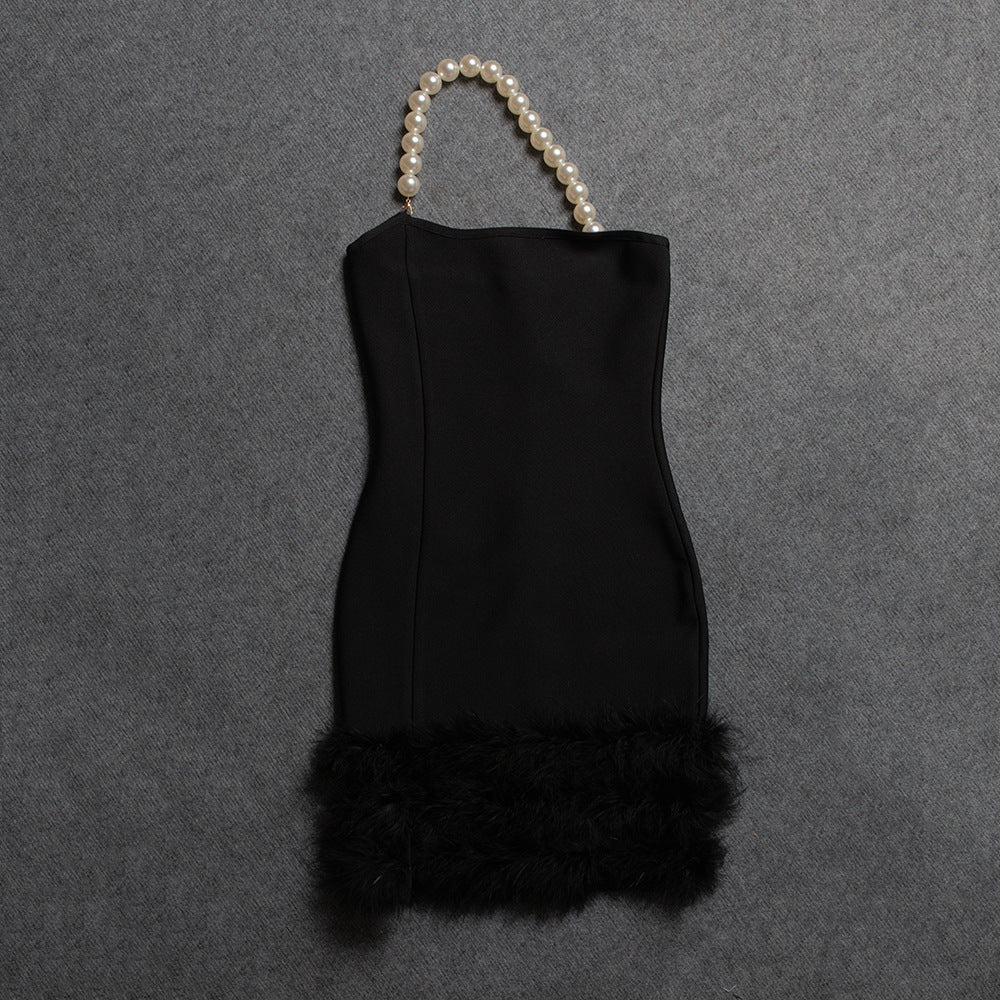 Sexy Tube Top Pearl One Shoulder Feather Decoration Cover Hip Bandage Dress - MERGE.DAY.1.FREESTYLE