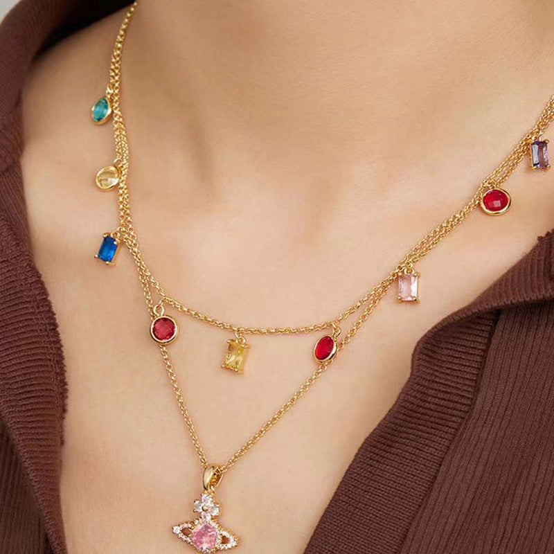 Saturn Pendant Necklace Double Gemstone Inlaid Necklace - MERGE.DAY.1.FREESTYLE