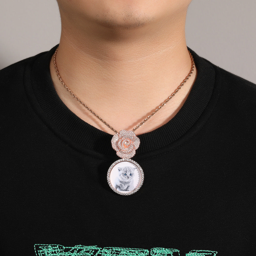 Copper Zircon Round DIY Photo Pendant Rose Button Diamond Necklace - MERGE.DAY.1.FREESTYLE