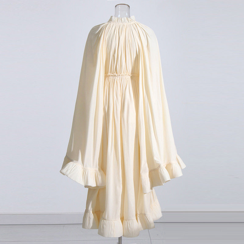French Palace Style V-Neck Long Sleeve Shawl Pleated Ruffle Dress - MERGE.DAY.1.FREESTYLE