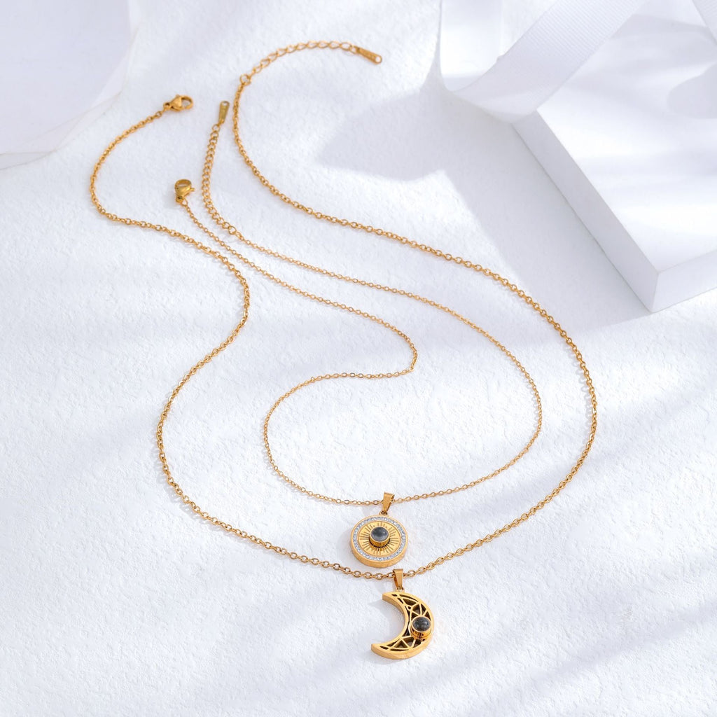 Gold sun and moon projection matching necklaces for couples - MERGE.DAY.1.FREESTYLE