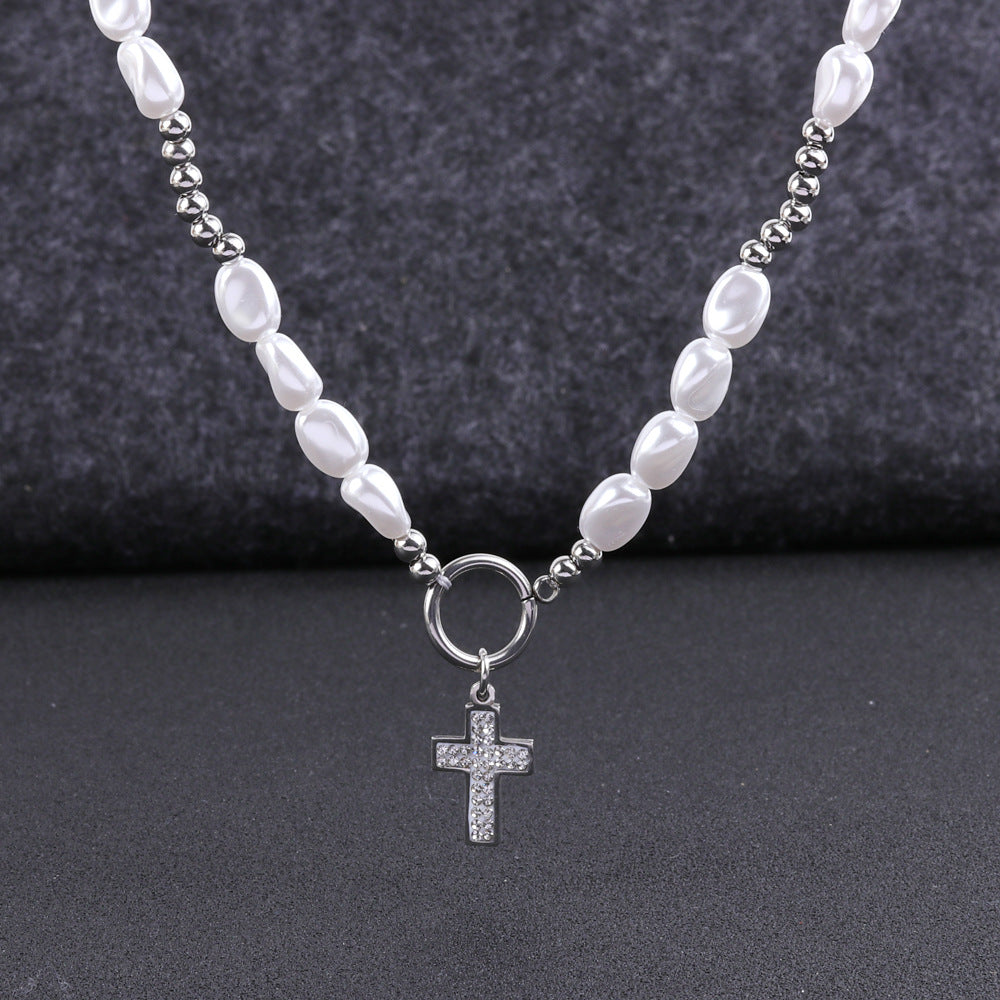 round pearl titanium steel cross necklace - MERGE.DAY.1.FREESTYLE