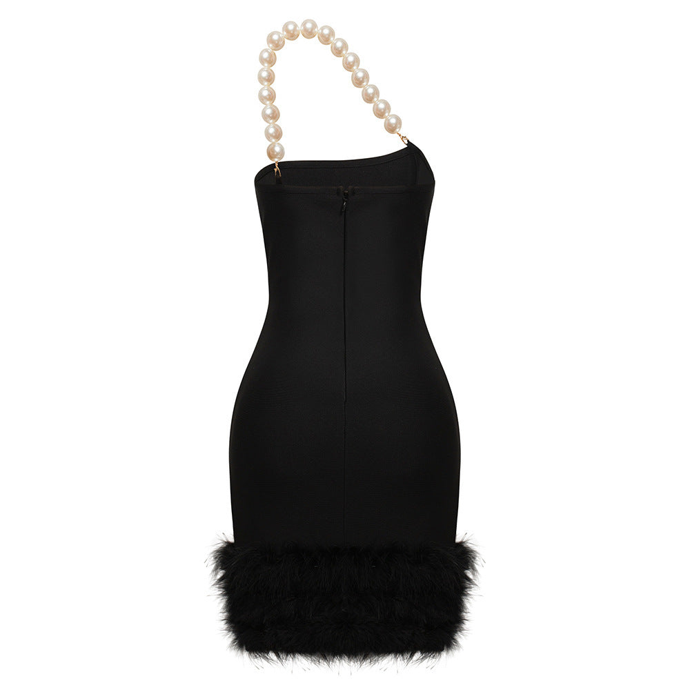 Sexy Tube Top Pearl One Shoulder Feather Decoration Cover Hip Bandage Dress - MERGE.DAY.1.FREESTYLE