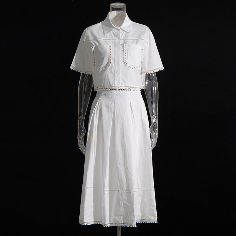 Lapel short-sleeved shirt + skirt lace embroidery two-piece suit for women - MERGE.DAY.1.FREESTYLE