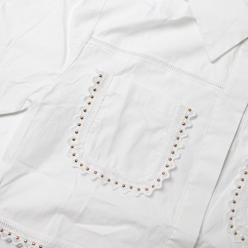 Lapel short-sleeved shirt + skirt lace embroidery two-piece suit for women - MERGE.DAY.1.FREESTYLE
